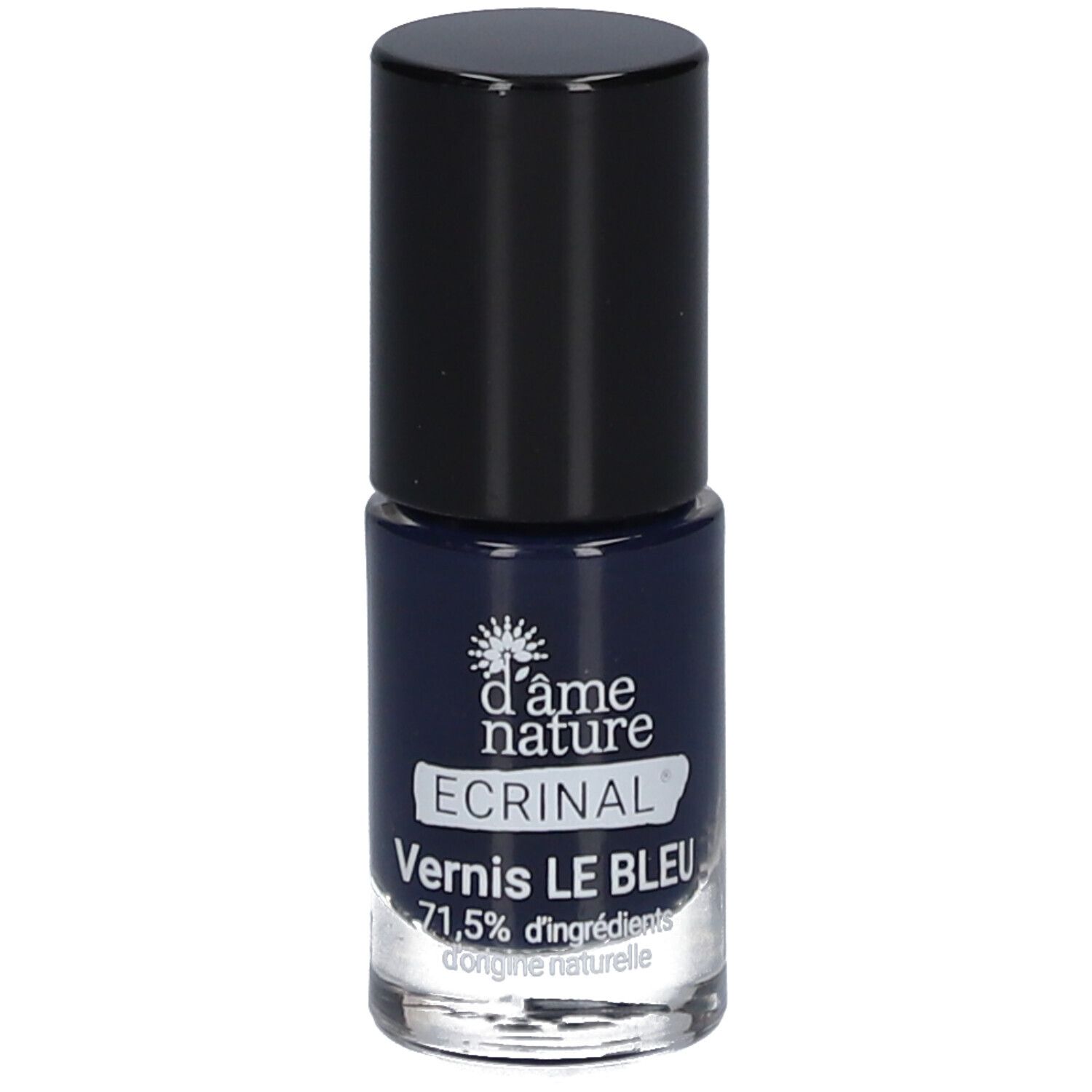 Blauer Nagellackflakon mit schwarzem Deckel. Aufschrift: d'âme nature, ECRINAL, Vernis LE BLEU.