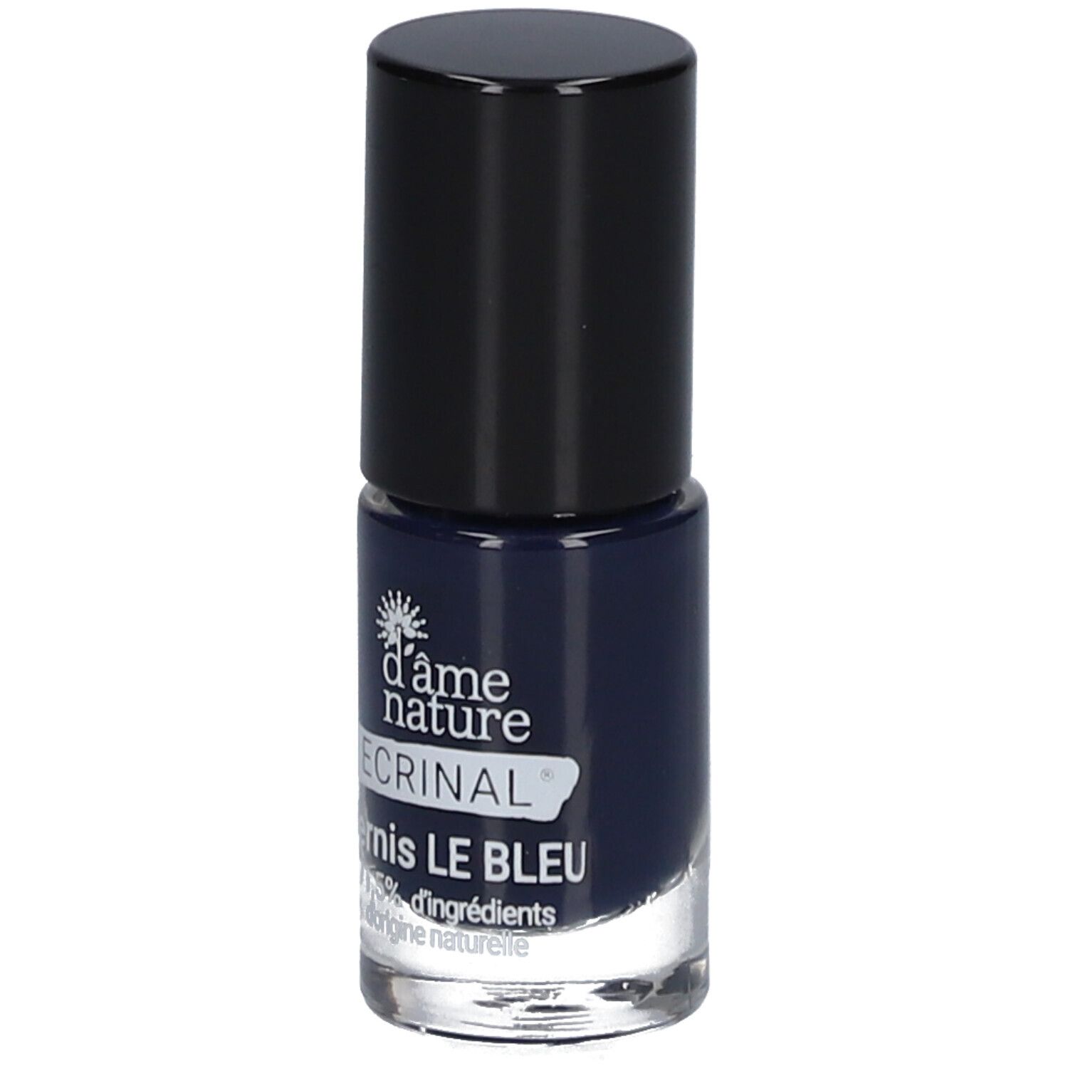 Blauer Nagellackflakon mit schwarzem Deckel. Aufschrift: d'âme nature, ECRINAL, Vernis LE BLEU.