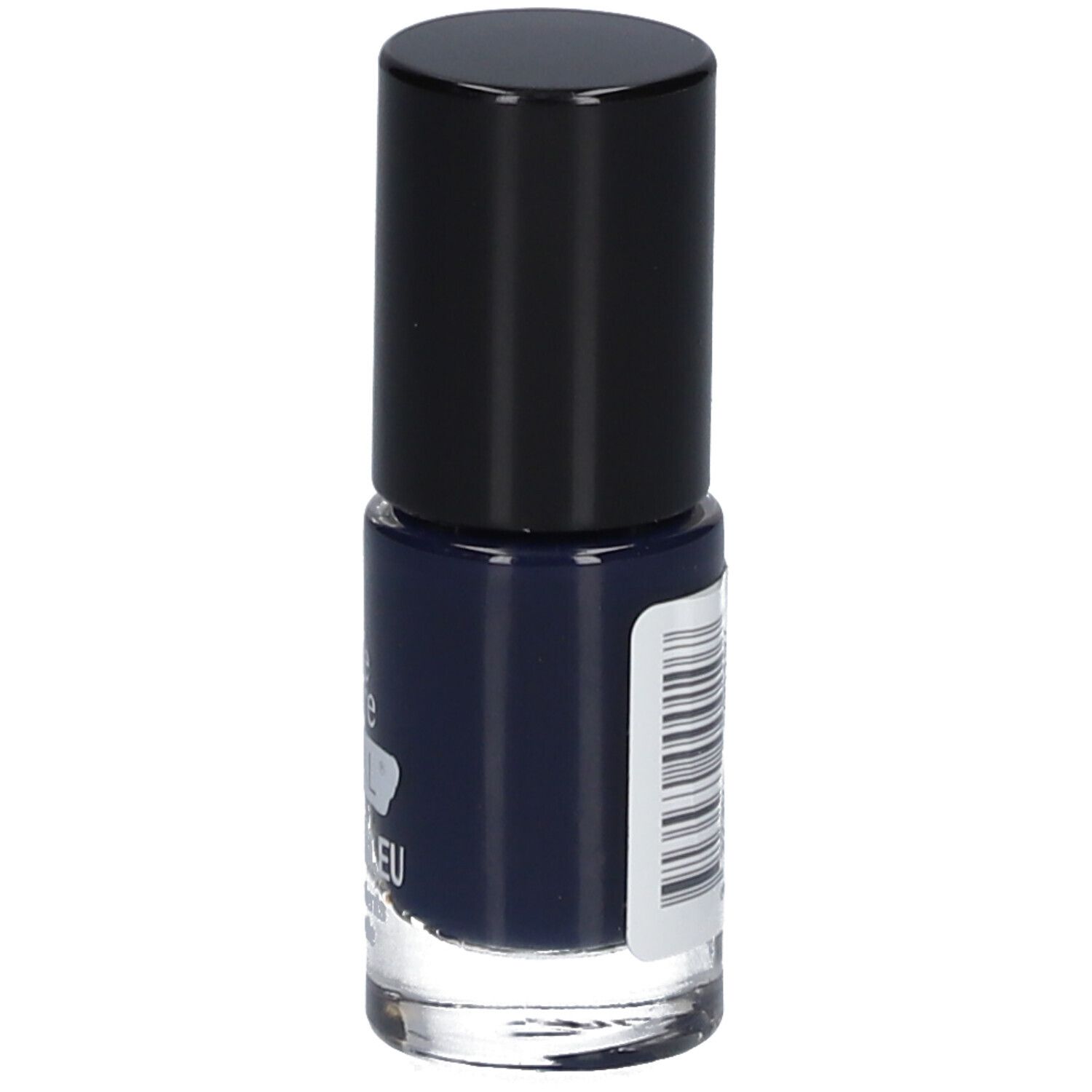 Blauer Nagellackflakon mit schwarzem Deckel. Aufschrift: d'âme nature, ECRINAL, Vernis LE BLEU. Barcode.