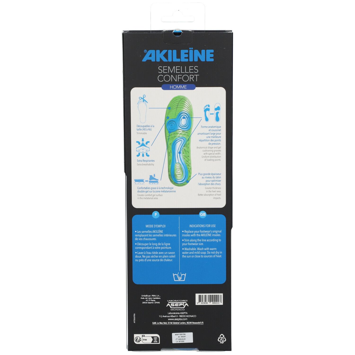 Dos de l'emballage des semelles confort AKILEINE. Informations sur le produit, illustrations et symboles de lavage. Pour homme. Anatomique, respirant, ergonomique.