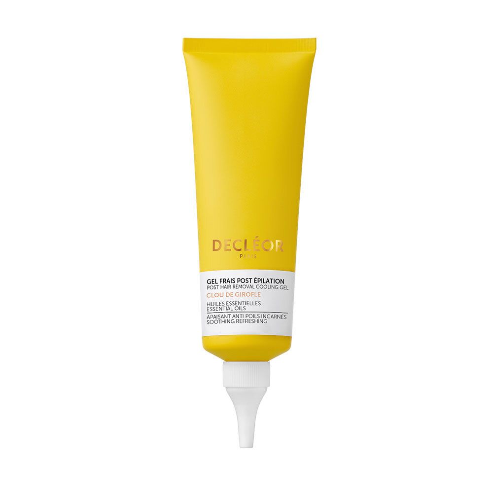 Tube de gel jaune avec embout blanc. Inscription : DECLÉOR PARIS, GEL FRAIS POST ÉPILATION. Nom du produit et ingrédients.
