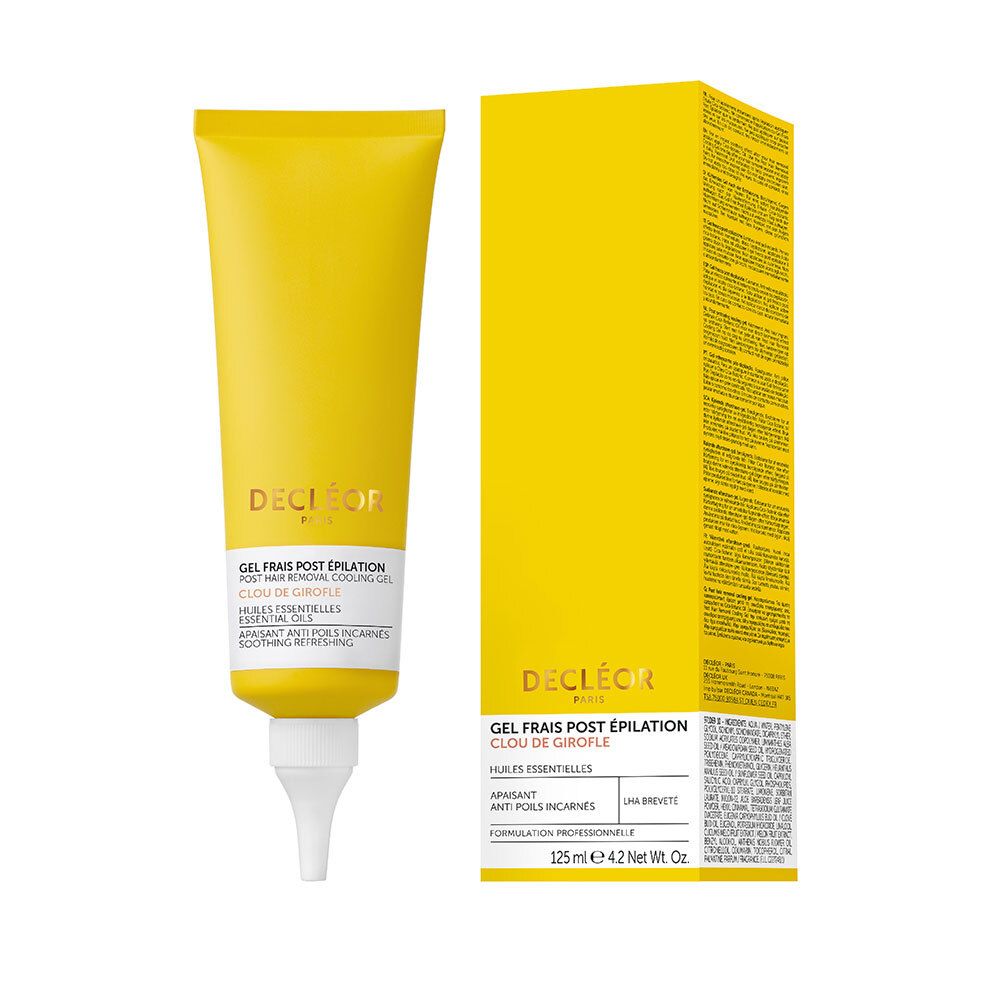 Tube de gel et boîte jaunes. Inscription : DECLÉOR PARIS, GEL FRAIS POST ÉPILATION. Nom, ingrédients et volume : 125 ml.