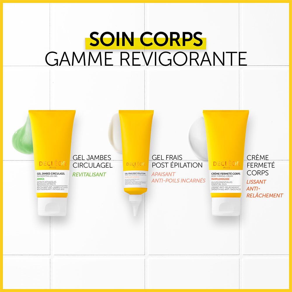 Trois tubes de gel jaunes avec embout blanc. Inscription : DECLÉOR. Noms des produits : GEL JAMBES, GEL FRAIS POST ÉPILATION, CRÈME FERMETÉ CORPS.
