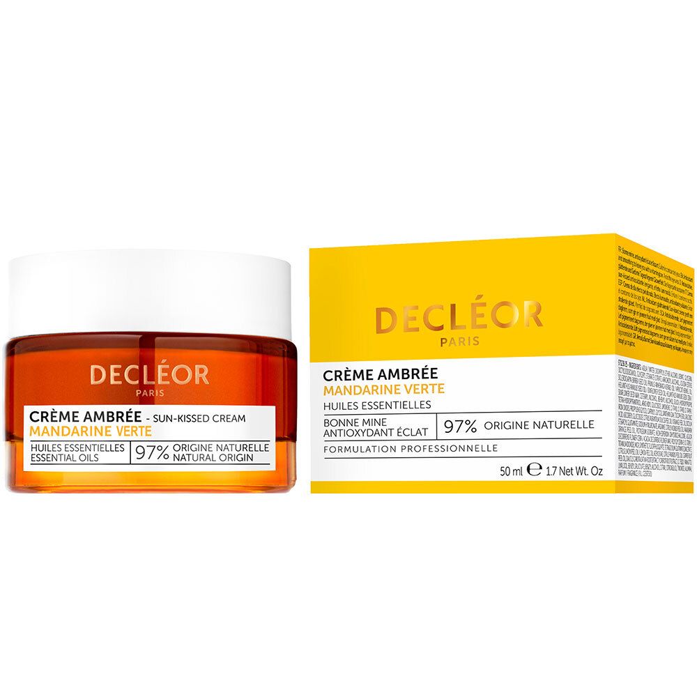 Pot de crème et boîte. Inscription : DECLÉOR, Crème Ambrée, Mandarine Verte, 97% origine naturelle. Boîte : 50 ml, 1.7 fl. oz.
