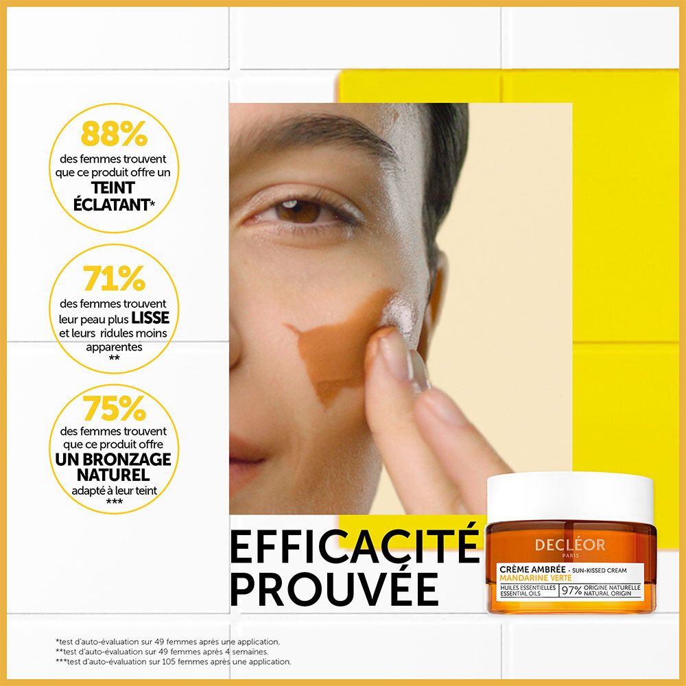 Femme appliquant de la crème. Pot de crème : DECLÉOR, Crème Ambrée, Mandarine Verte, 97% origine naturelle. Texte : Efficacité prouvée.