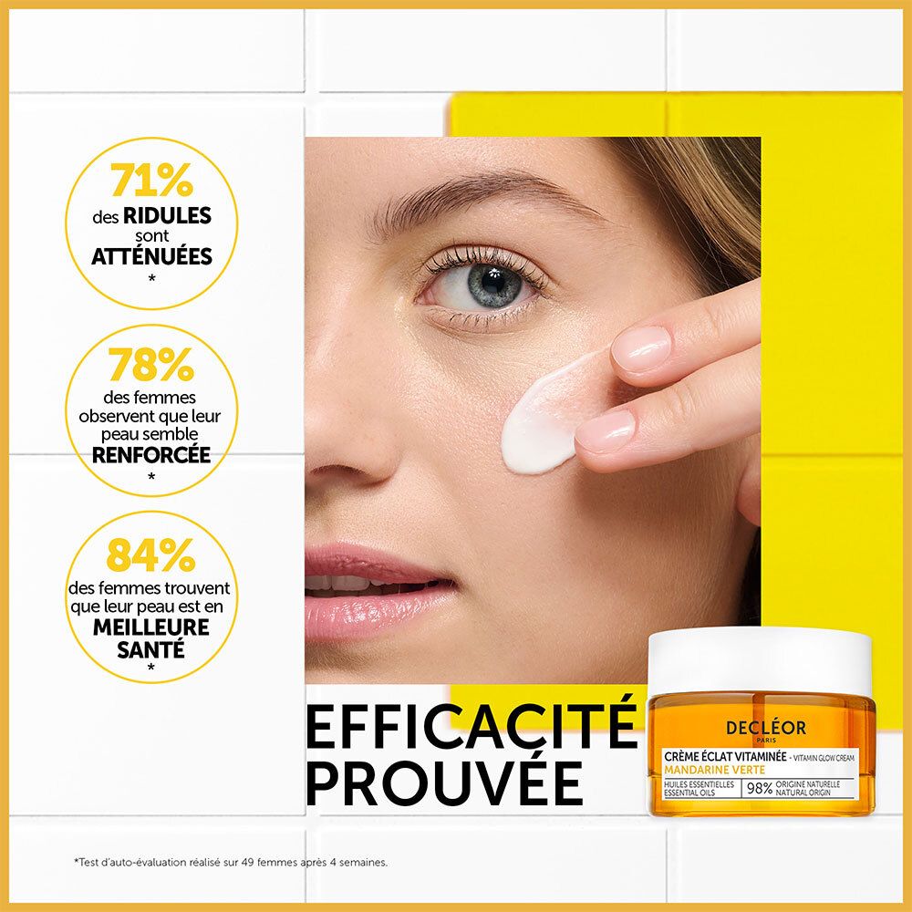 Femme appliquant de la crème. Pot de crème : DECLÉOR, Crème Éclat Vitaminée, Mandarine Verte, 98% origine naturelle. Texte : Efficacité prouvée.