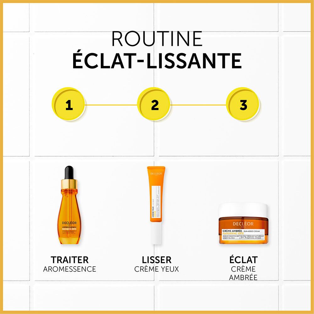 Trois produits : Aromessence, crème pour les yeux, Crème Ambrée. Crème Ambrée : DECLÉOR, Crème Ambrée, Mandarine Verte.