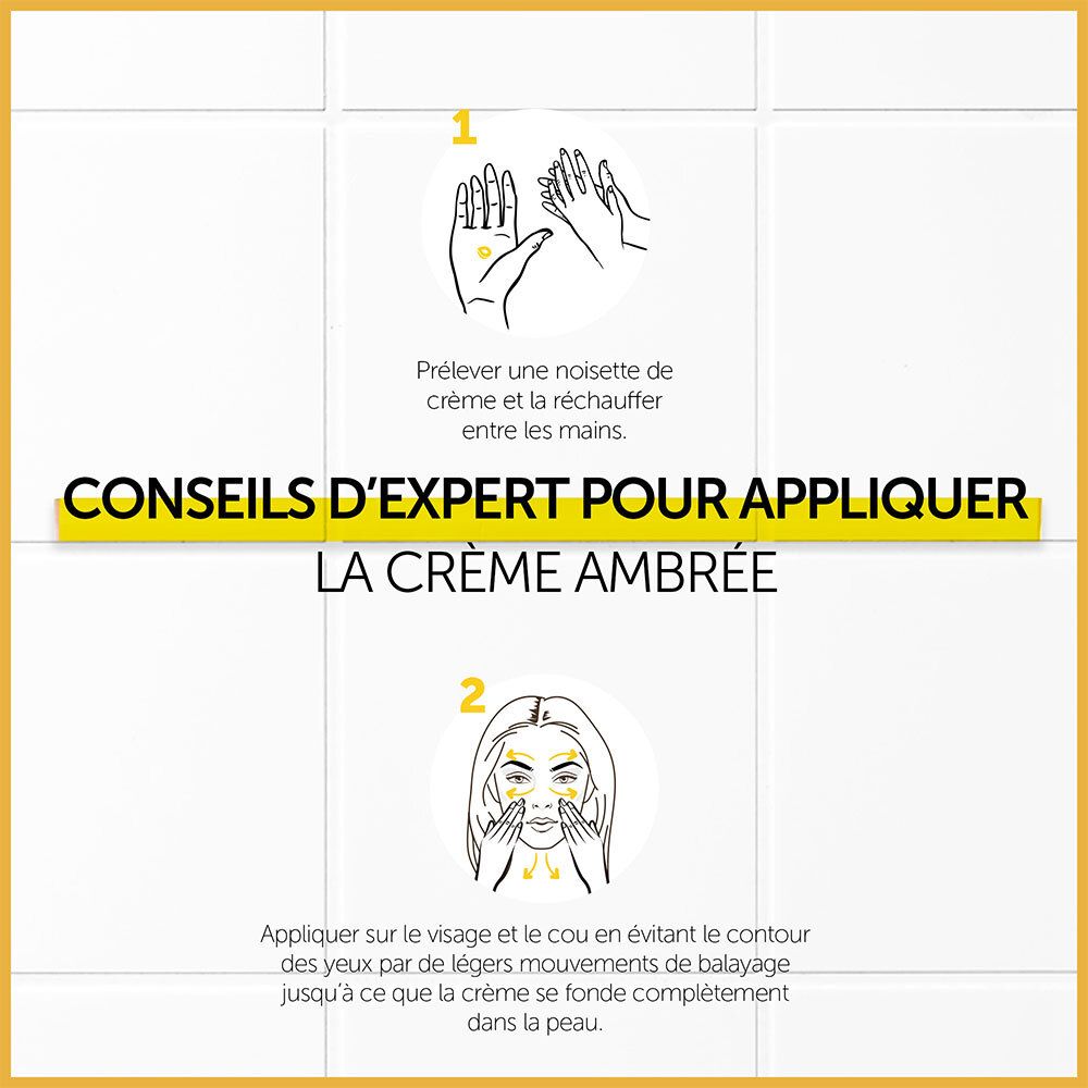 Conseils d'utilisation. Mains, visage. Texte : Conseils d'expert pour appliquer la Crème Ambrée.