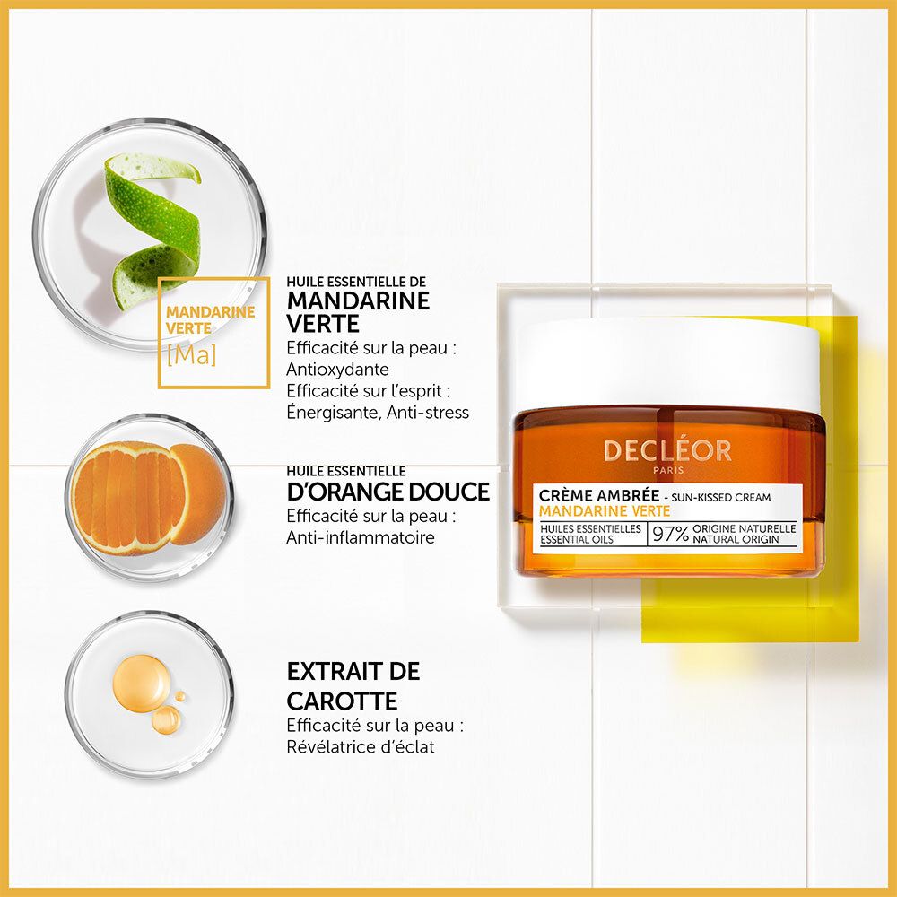 Pot de crème : DECLÉOR, Crème Ambrée, Mandarine Verte. Ingrédients : Mandarine Verte, Orange douce, Extrait de carotte.