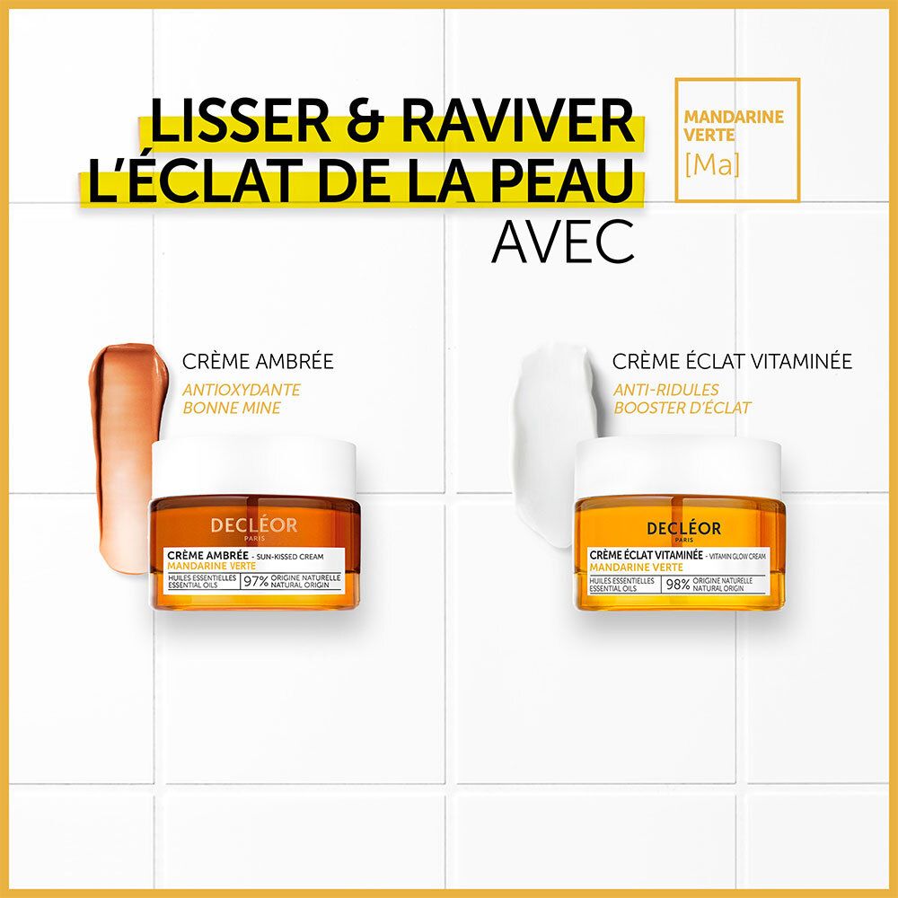 Deux pots de crème : Crème Ambrée et Crème Éclat Vitaminée. Texte : Lisse & Raviver l'éclat de la peau avec.