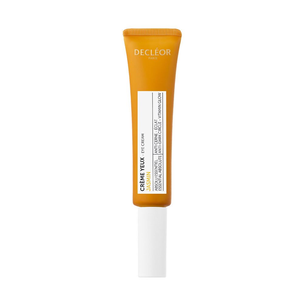 Oranje tube met witte applicator. Opschrift: Crème Yeux Jasmin, Decléor Paris.