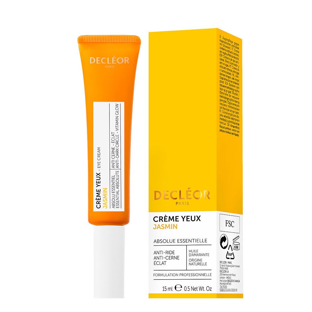 Oranje tube en gele doos. Opschrift: Crème Yeux Jasmin, Decléor Paris. 15ml.