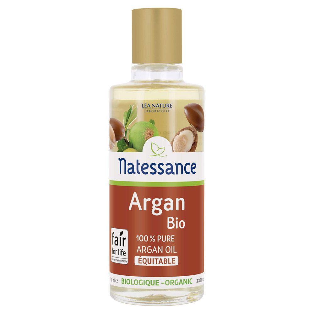 Arganöl-Flasche mit goldfarbenem Deckel. Aufschrift: Natessance Argan Bio, 100% reines Arganöl. Fair for Life-Siegel.