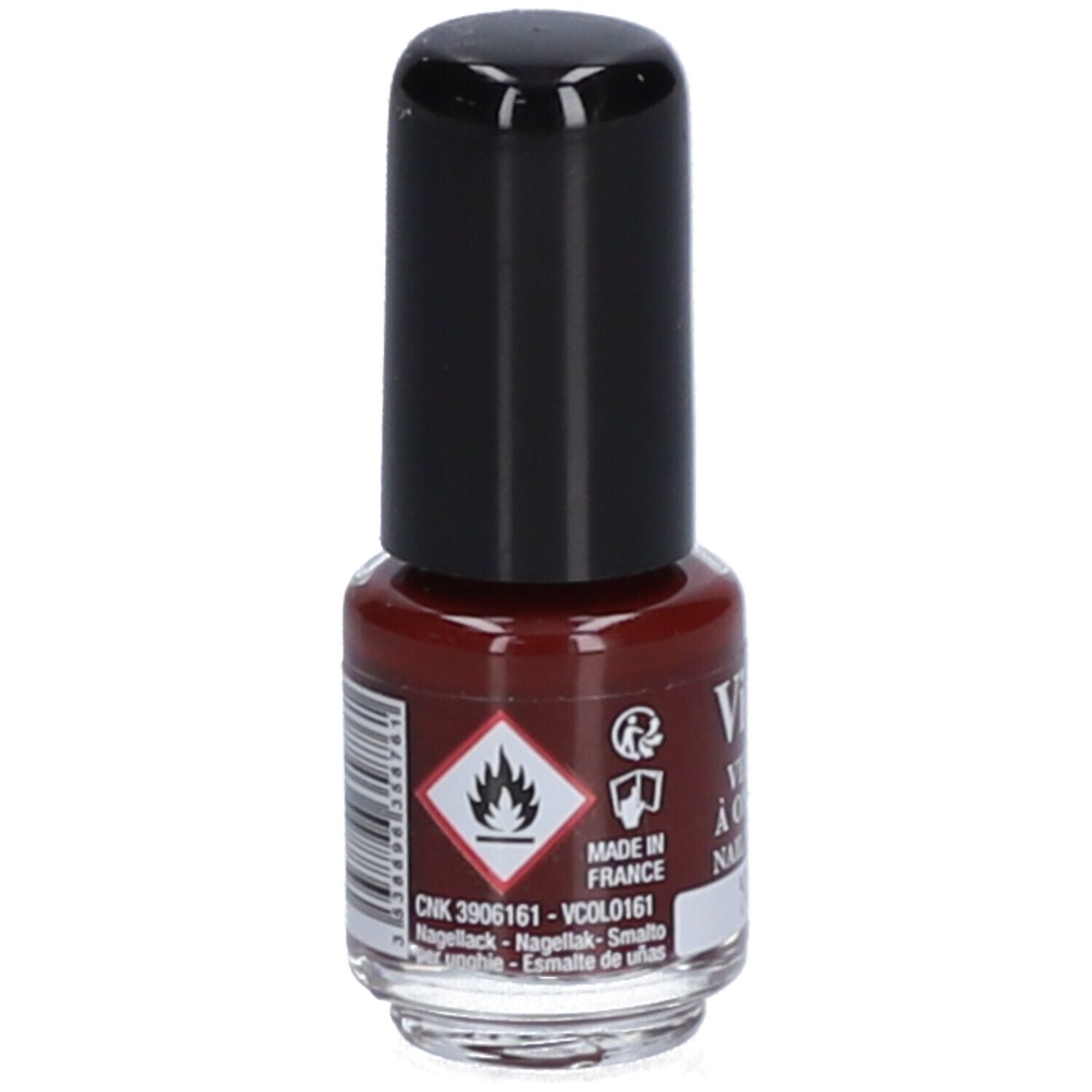 Flacon de vernis à ongles Vitry, bouchon noir. Dos avec symboles d'avertissement et code-barres. Inscription: Vernis à Ongles. Couleur rouge.