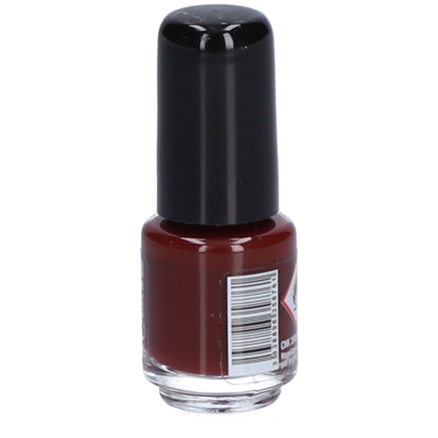 Flacon de vernis à ongles, bouchon noir. Dos avec code-barres et symbole d'avertissement. Couleur rouge.