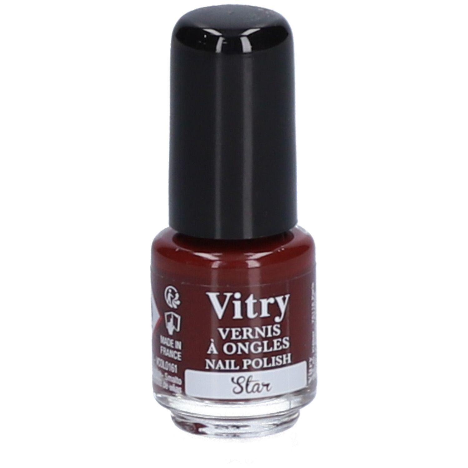 Flacon de vernis à ongles Vitry, bouchon noir. Inscription: Vernis à Ongles, Nail Polish, Star. Couleur rouge.