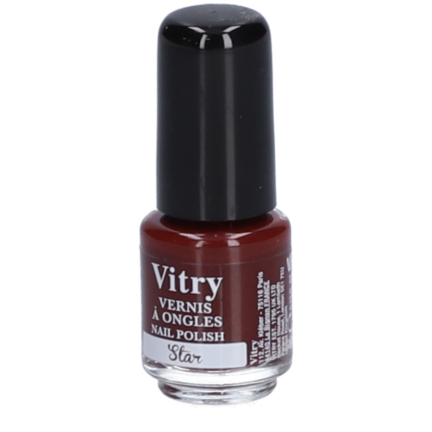 Flacon de vernis à ongles Vitry, bouchon noir. Inscription: Vernis à Ongles, Nail Polish, Star. Couleur rouge.
