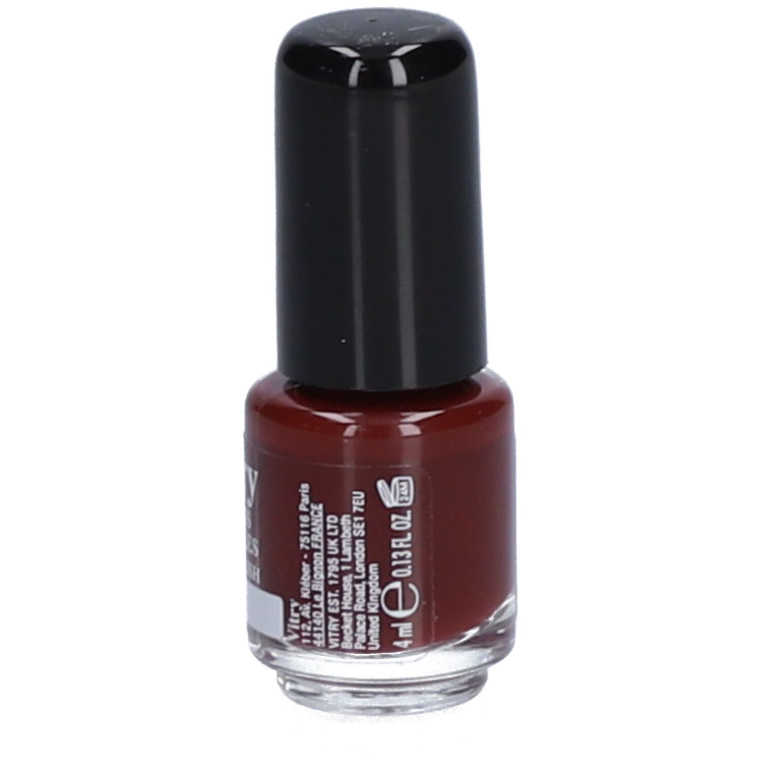 Flacon de vernis à ongles Vitry, bouchon noir. Inscription: 4 ml, 0.13 fl. oz. Couleur rouge.