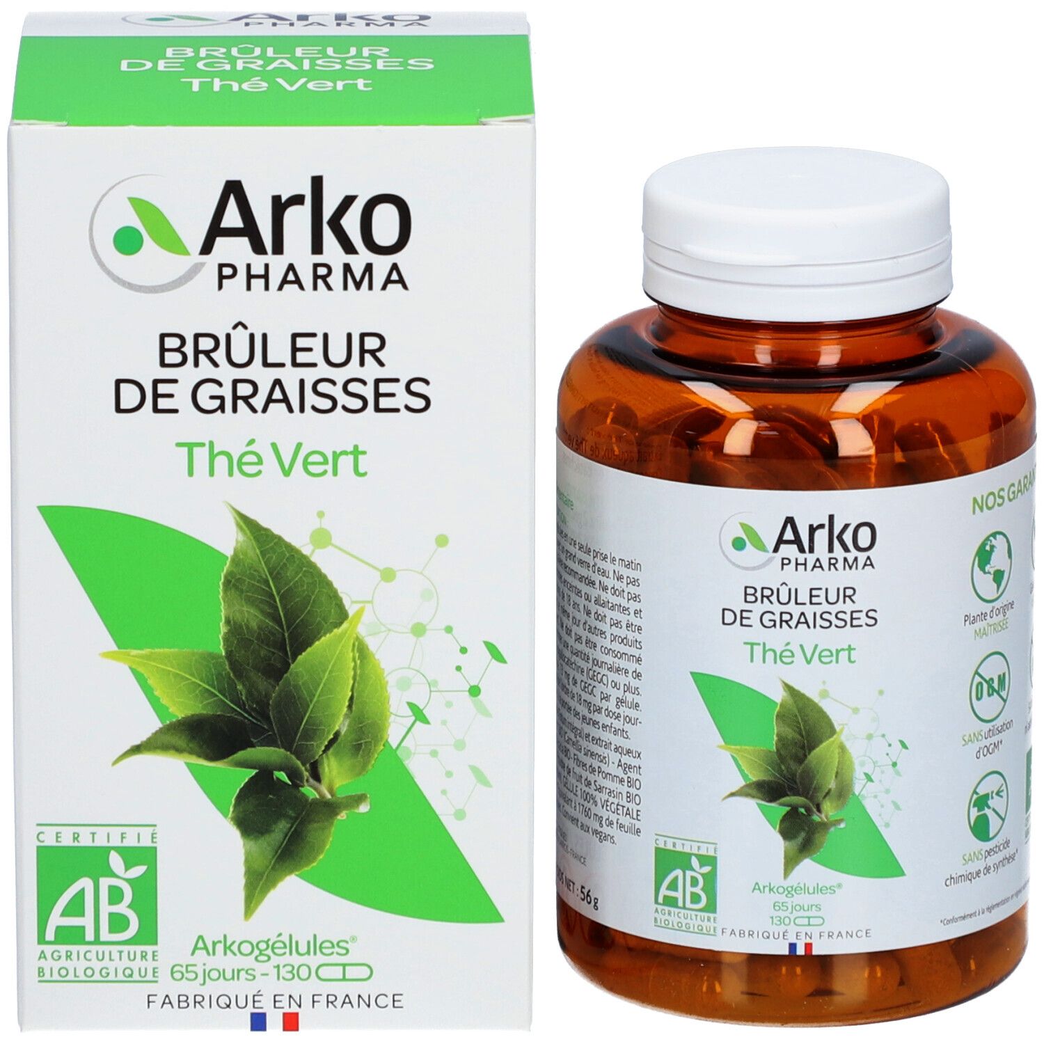 Emballage produit avec flacon. Inscription: Arkopharma, Thé Vert, Brûleur de Graisses. Certification AB. 130 gélules.