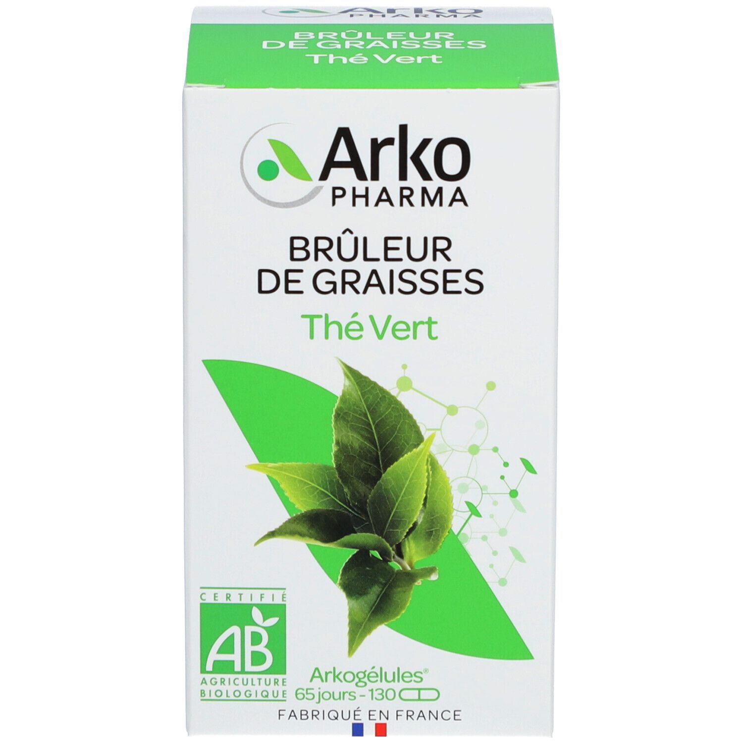 Emballage produit. Inscription: Arkopharma, Thé Vert, Brûleur de Graisses. Certification AB. 130 gélules.