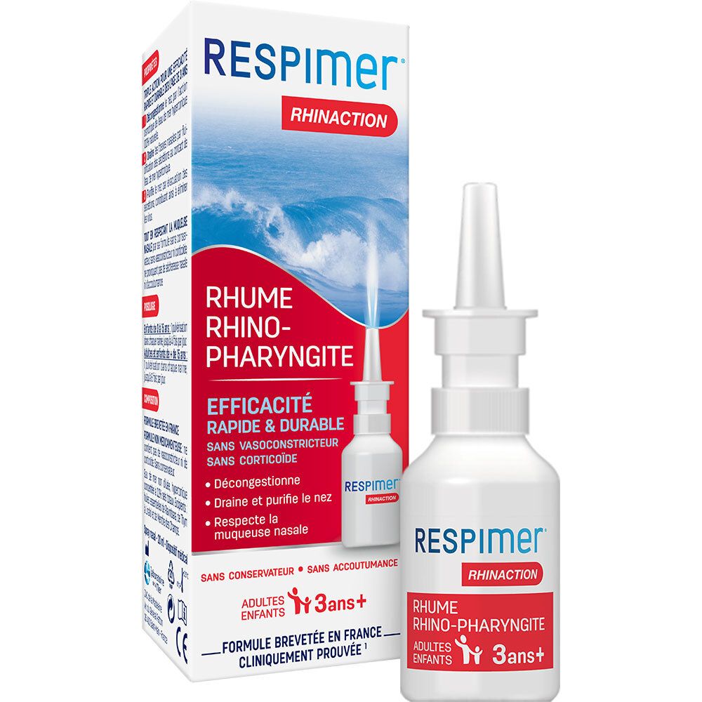 Boîte de spray nasal RESPIMER Rhinaction. Flacon blanc, détails rouges. Pour enfants dès 3 ans.