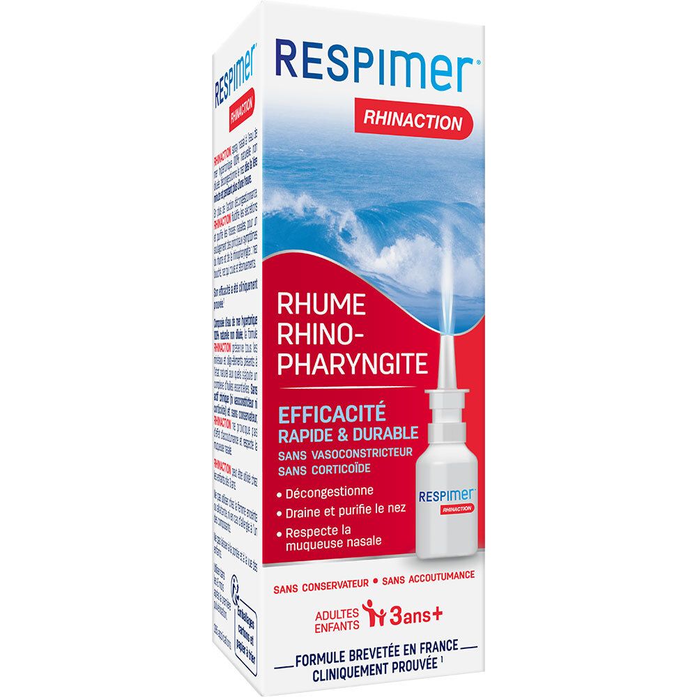 Boîte de spray nasal RESPIMER Rhinaction. Flacon blanc, détails rouges. Pour enfants dès 3 ans.
