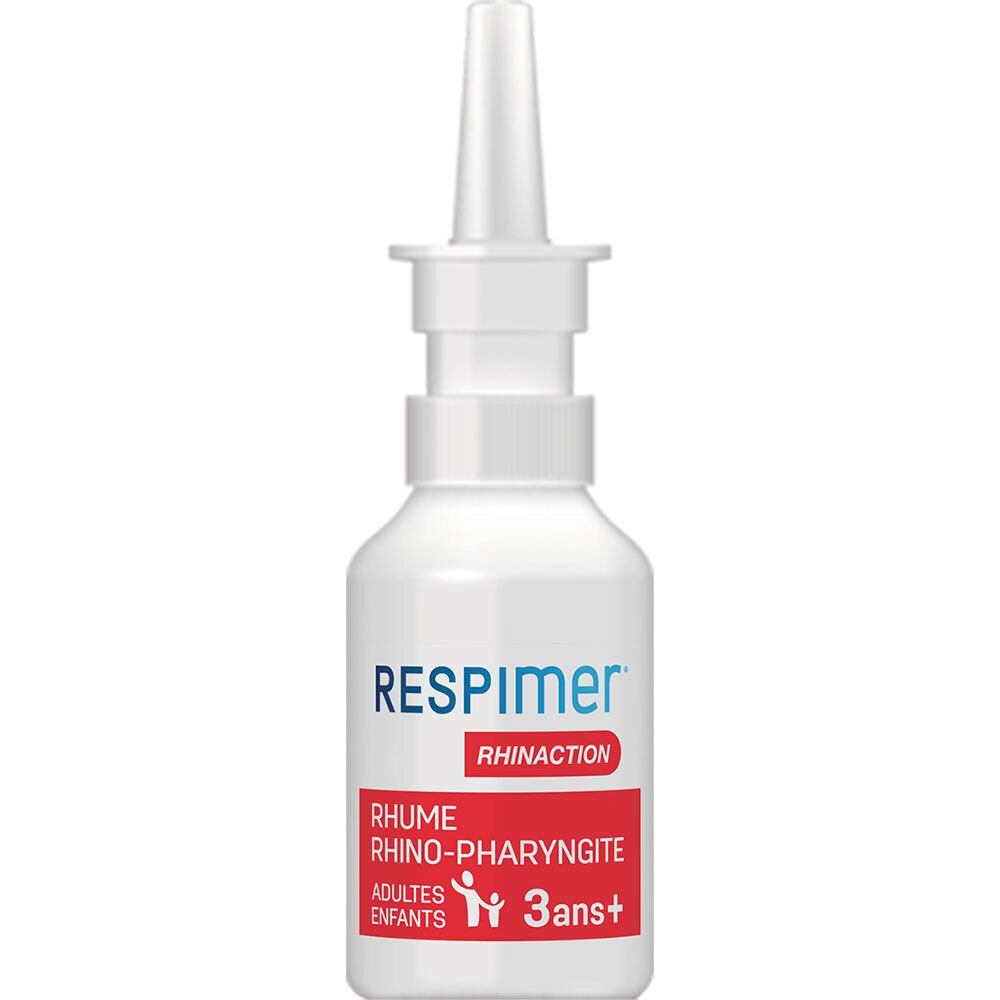 Flacon de spray nasal blanc. RESPIMER Rhinaction, texte rouge. Pour enfants dès 3 ans.