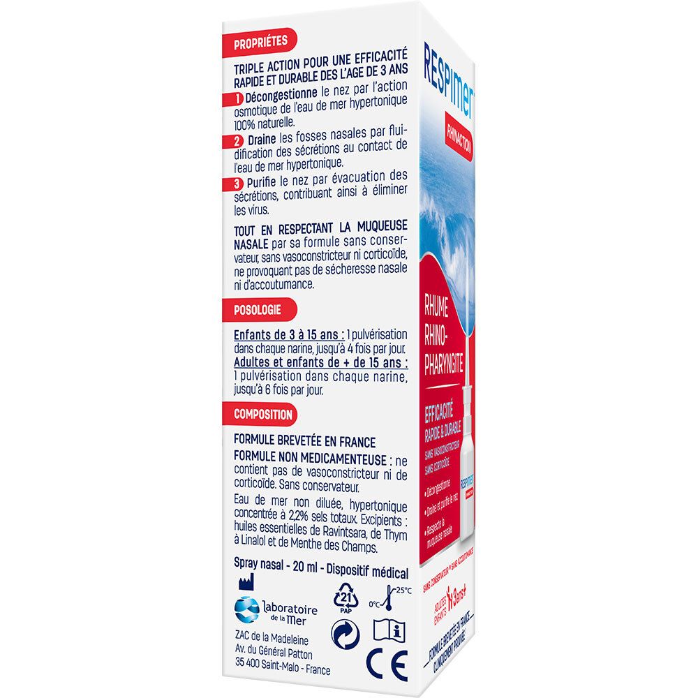 Dos de la boîte. RESPIMER Rhinaction. Texte en français. Pour enfants dès 3 ans.