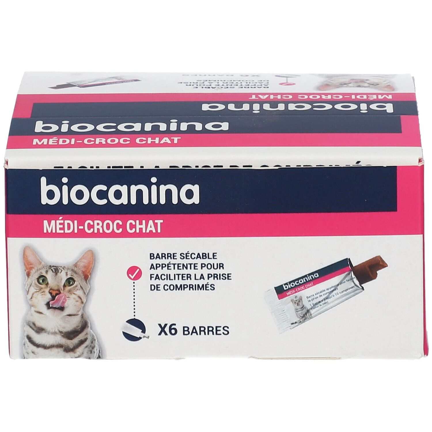 Boîte "biocanina MEDI-CROC CHAT". 6 barres. Illustration de chat. Rose et bleu. Exemple de produit.