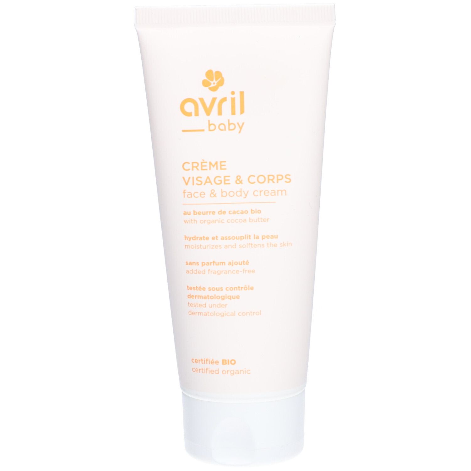 Tube de crème blanc avec logo et nom du produit. Inscription: Crème Visage & Corps. Certifié bio.