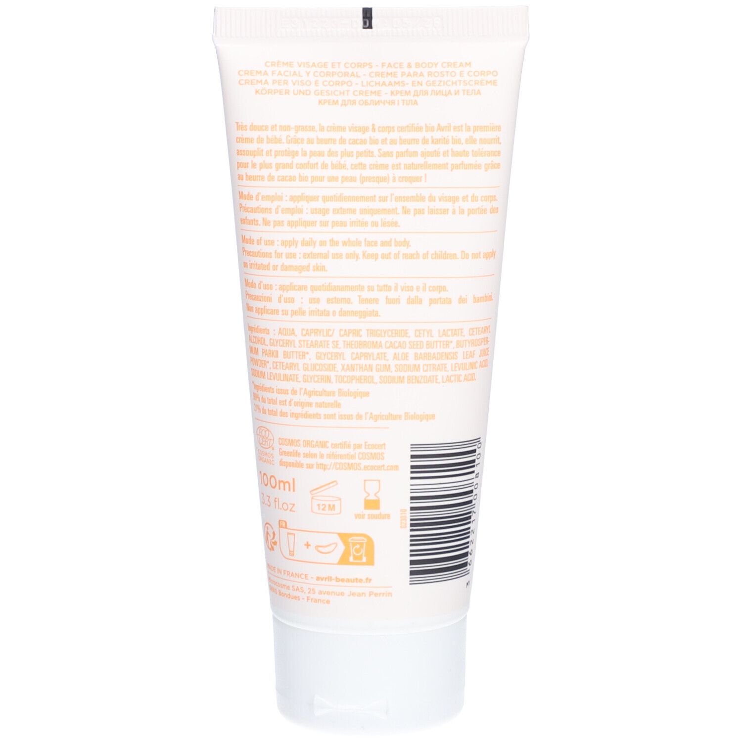 Dos du tube de crème avec texte et code-barres. Inscription: Crème Visage & Corps. Certifié bio.