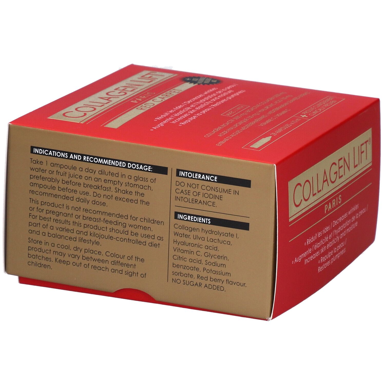 Rote Schachtel mit COLLAGEN LIFT® PARIS. Rückseite mit Dosierungs- und Inhaltsangaben. Enthält Collagen, Hyaluronsäure, Vitamin C.