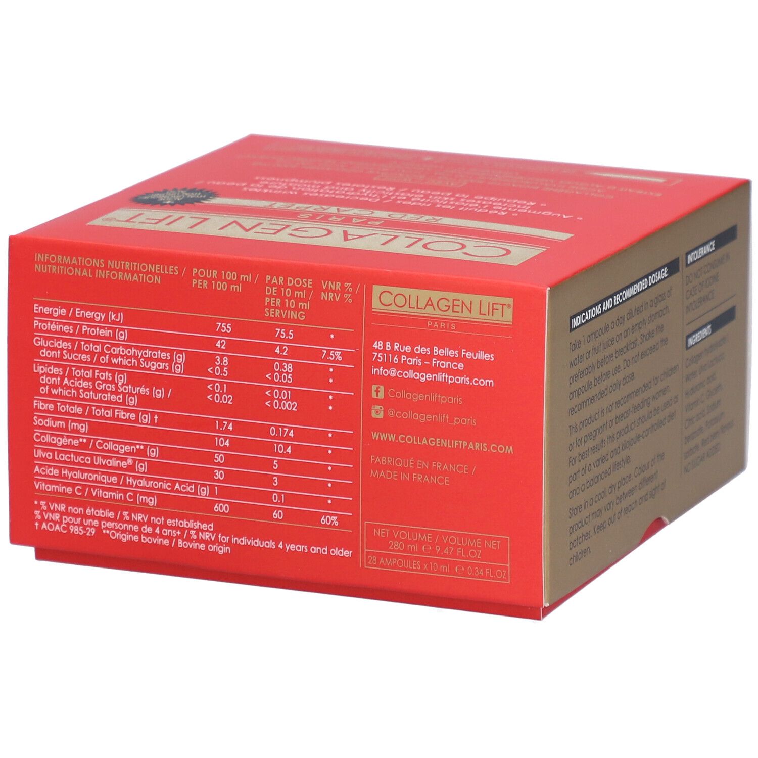 Rote Schachtel COLLAGEN LIFT® PARIS. Rückseite mit Nährwertangaben pro 10 ml. Enthält Proteine, Kohlenhydrate, Fette.