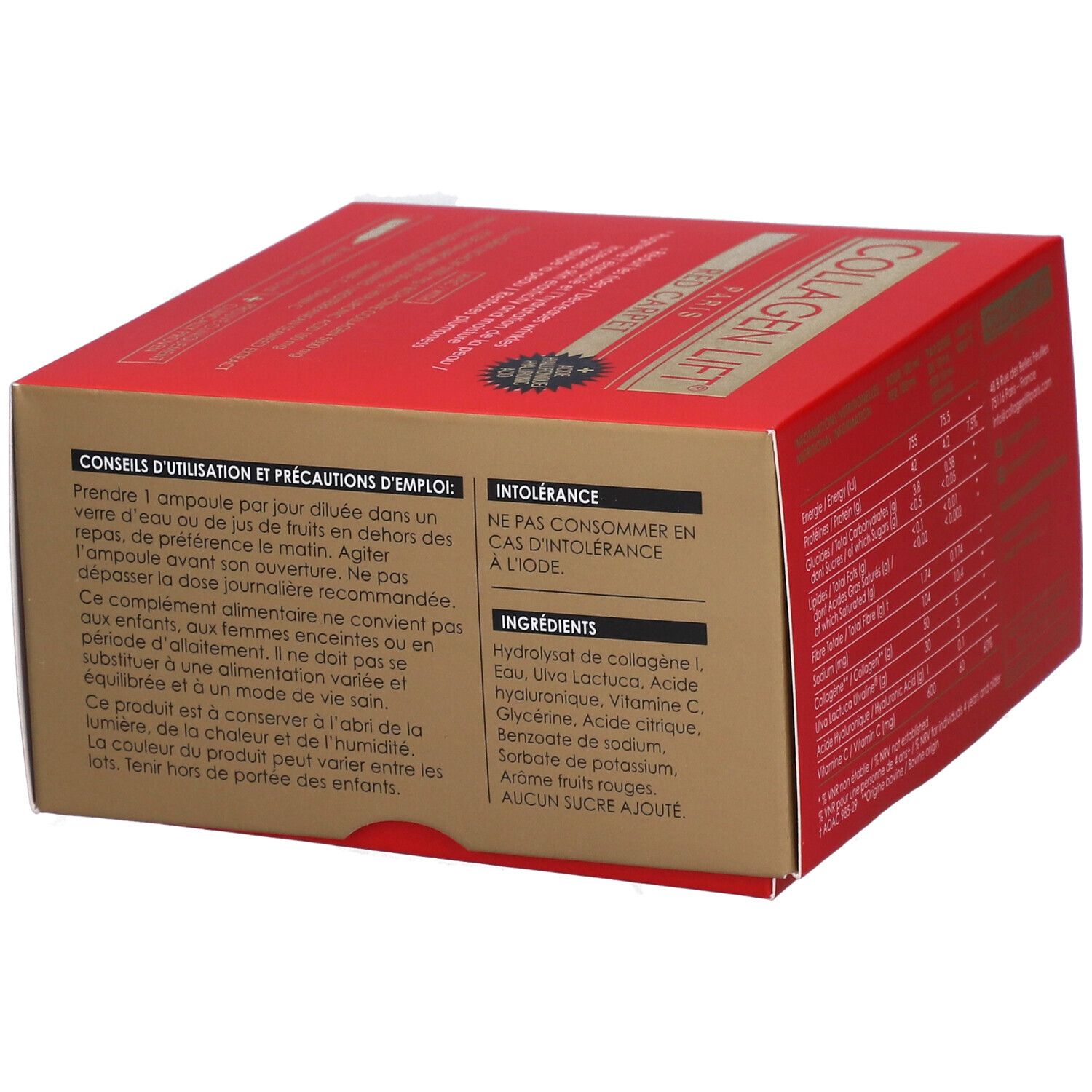 Rote Schachtel COLLAGEN LIFT® PARIS. Rückseite mit Anwendungshinweisen und Inhaltsstoffen. Enthält Collagen, Vitamin C.