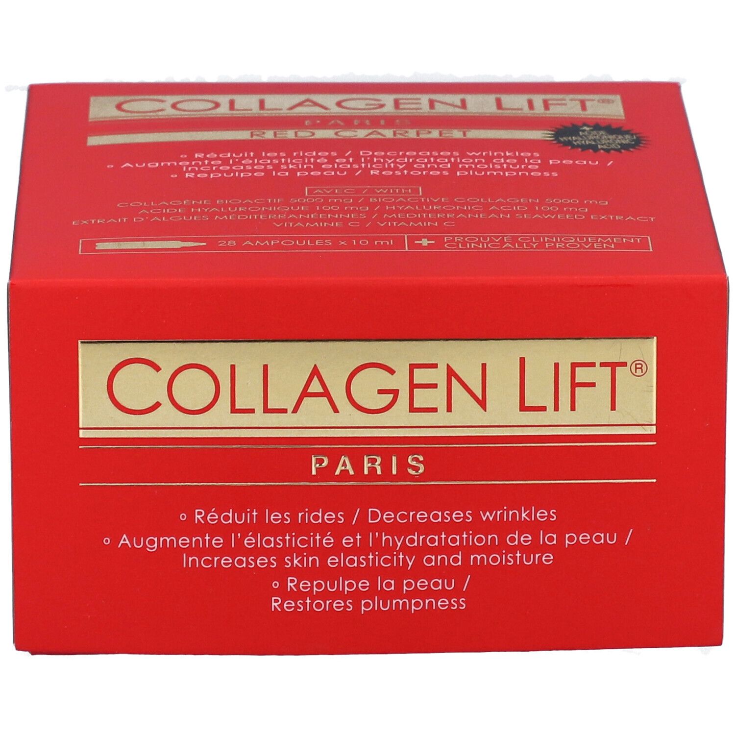 Rote Schachtel COLLAGEN LIFT® PARIS. Text: Reduziert Falten, erhöht Elastizität und Feuchtigkeit, polstert die Haut auf. 28 Ampullen.