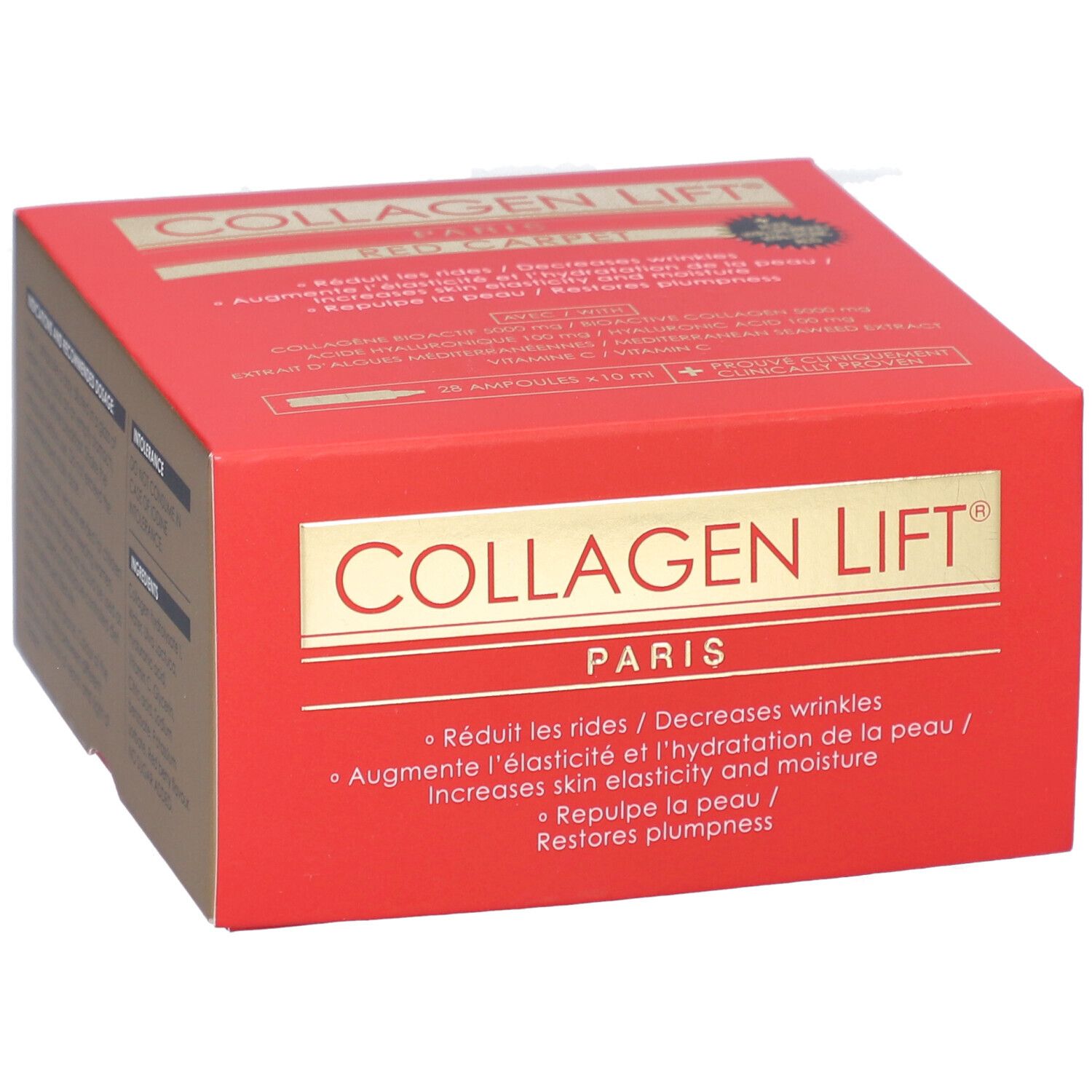 Rote Schachtel COLLAGEN LIFT® PARIS. Text: Reduziert Falten, erhöht Elastizität und Feuchtigkeit, polstert die Haut auf.