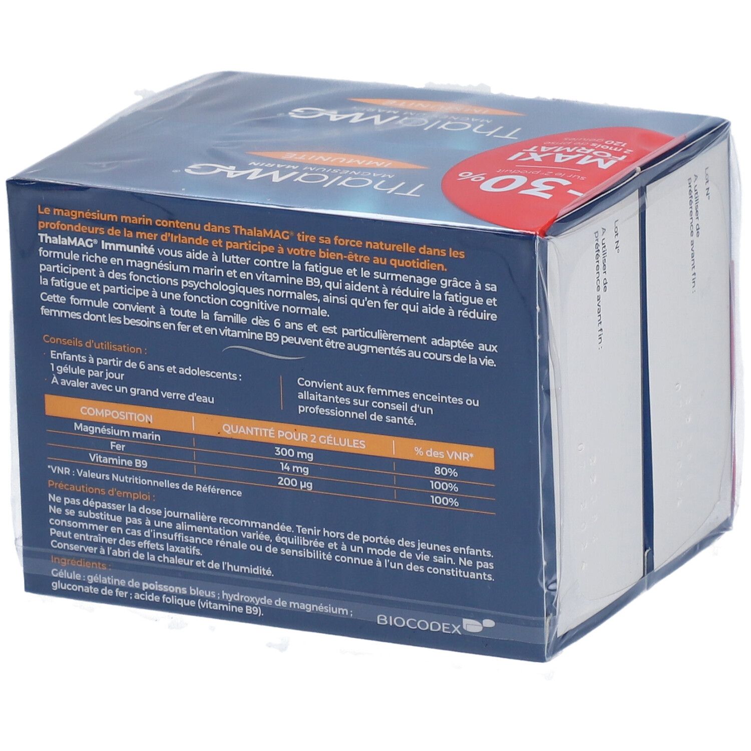 Emballage ThalaMAG, format maxi. Dos avec ingrédients et instructions d'utilisation. Avec -30% de réduction.