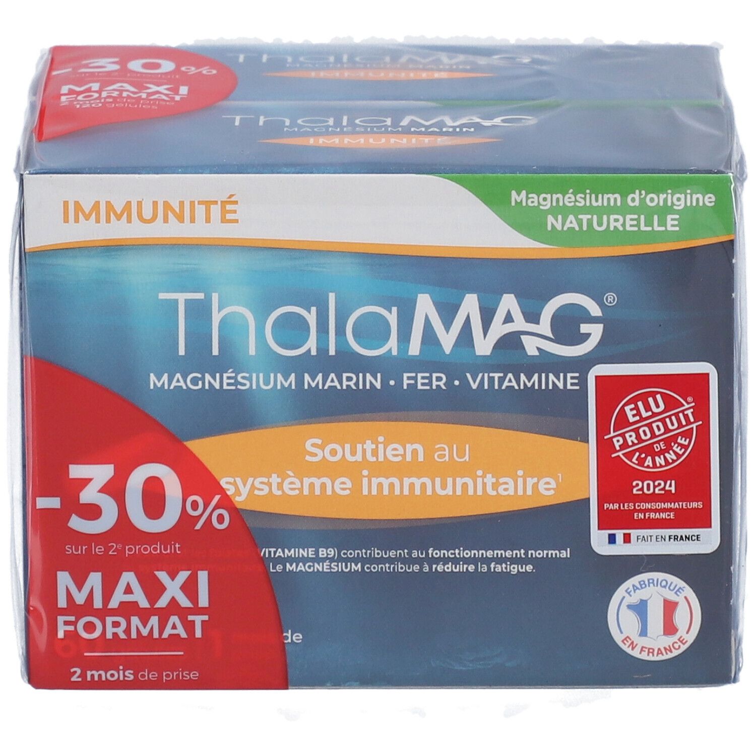 Emballage ThalaMAG, format maxi, 2 mois de prise. Contient magnésium, fer et vitamine B9. Avec -30% de réduction.
