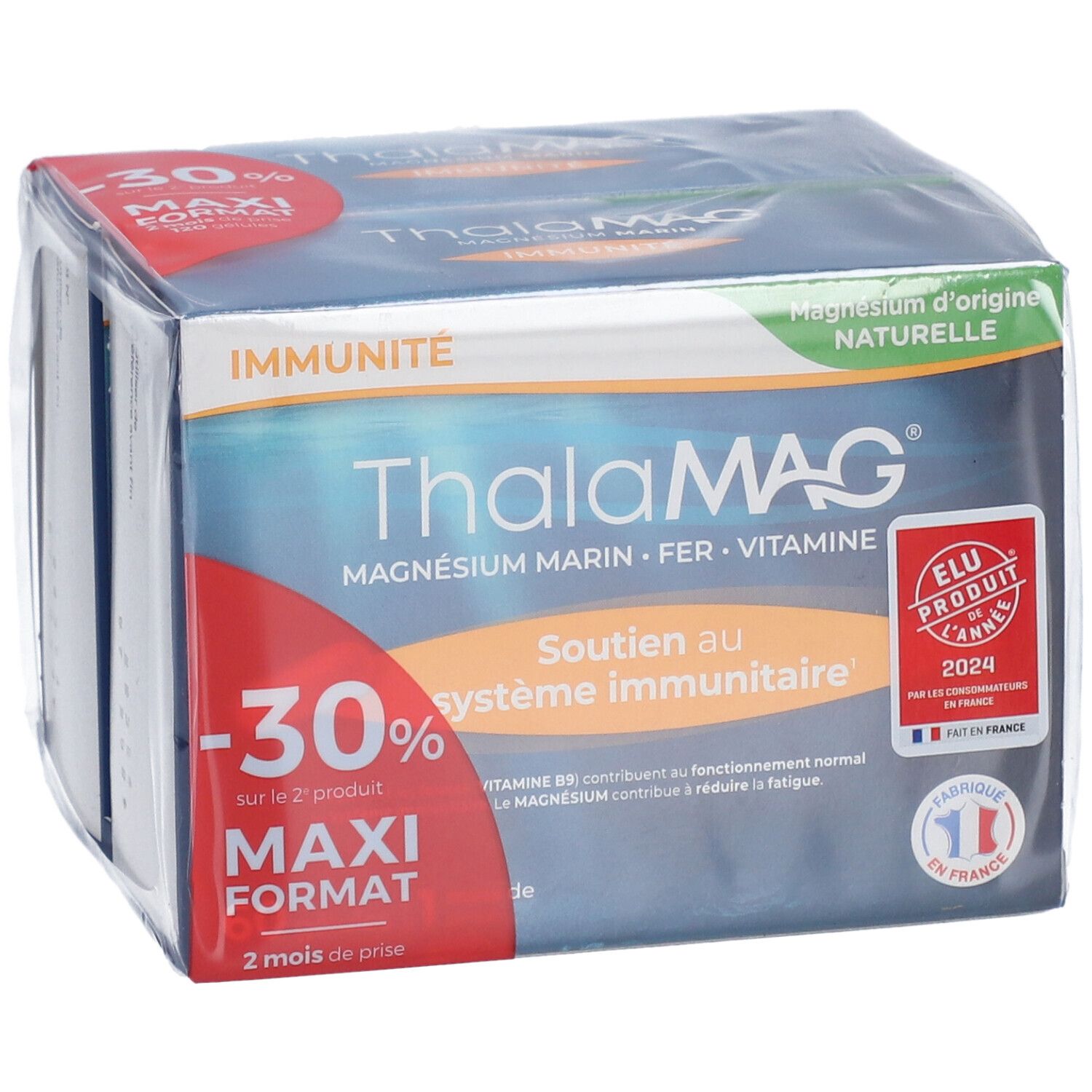 Emballage ThalaMAG, format maxi, 2 mois de prise. Contient magnésium, fer et vitamine B9. Avec -30% de réduction.