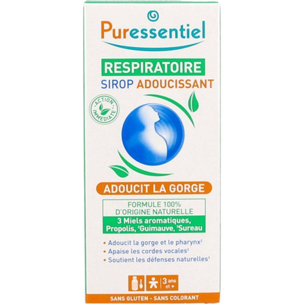 Emballage carton avec nom du produit et logo. Texte: 'Adoucit la gorge'. Design vert et blanc.