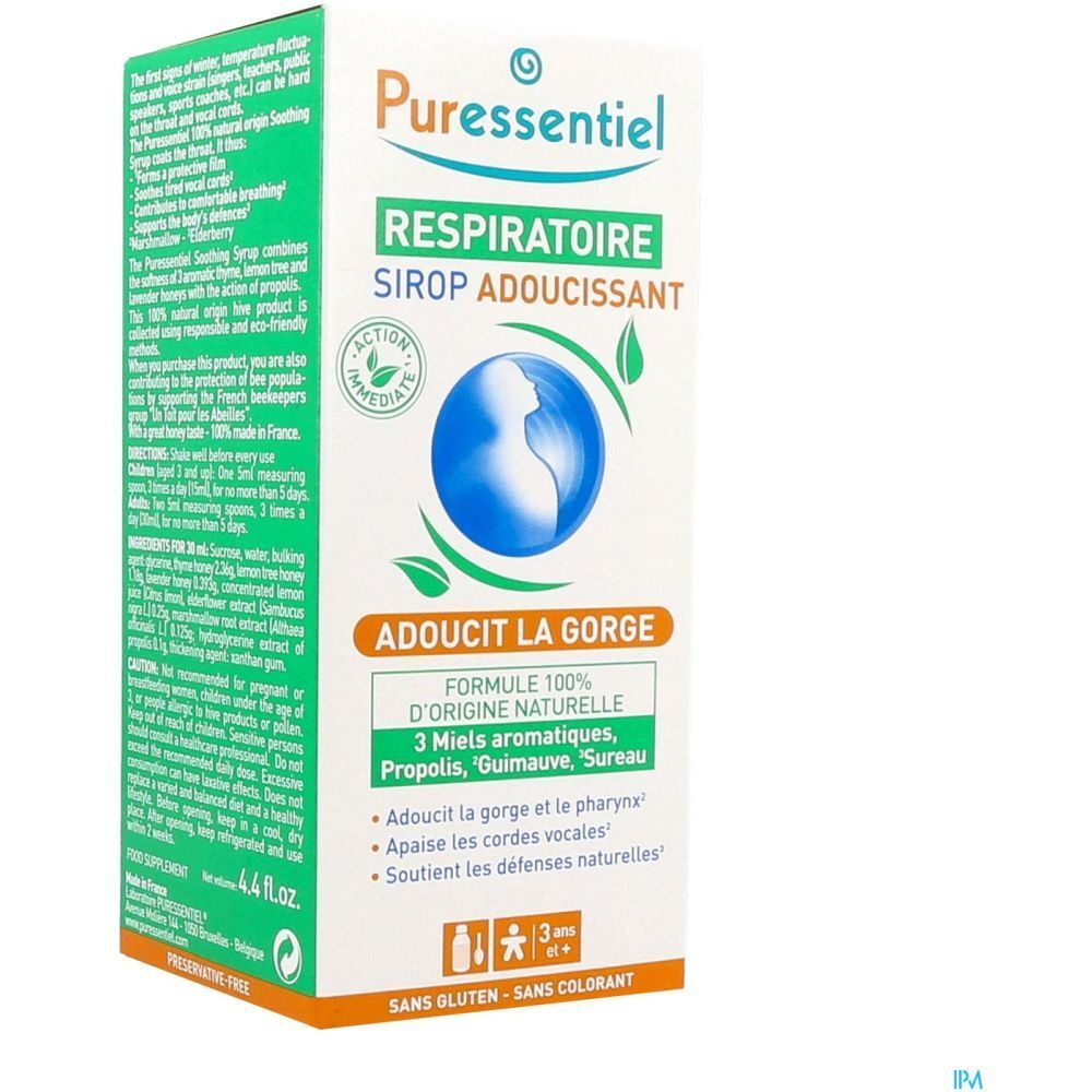 Emballage carton avec nom du produit et logo. Texte: 'Adoucit la gorge'. Design vert et blanc.