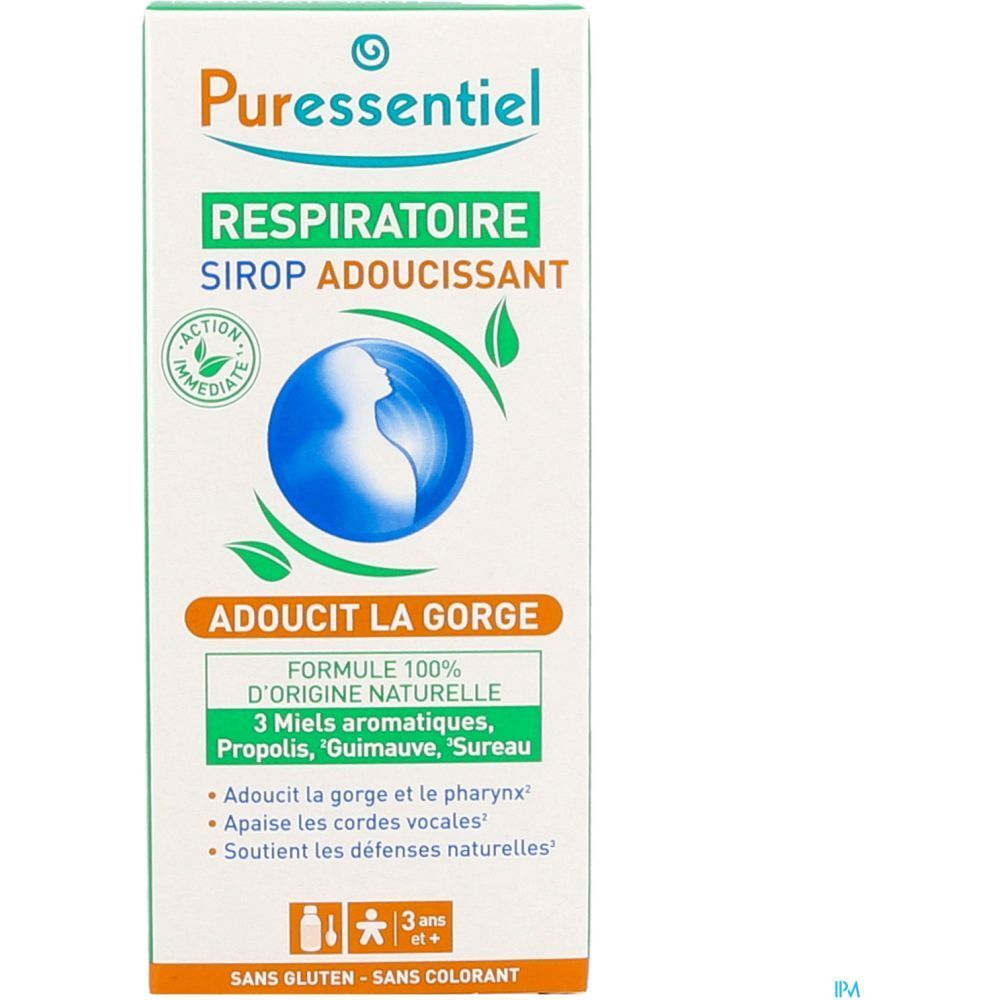 Emballage carton avec nom du produit et logo. Texte: 'Adoucit la gorge'. Design vert et blanc.
