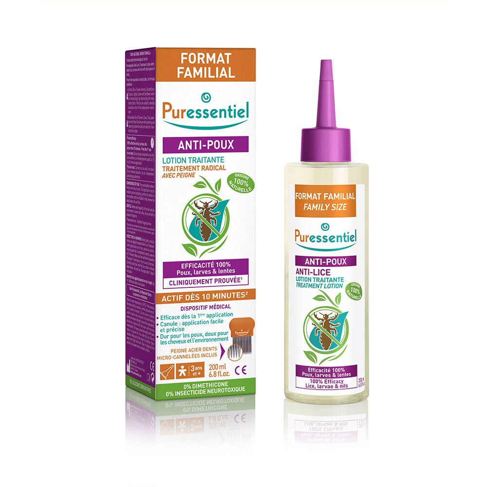 Lotion Anti-Poux et emballage. Format Familial. Logo Puressentiel. Texte: Anti-Poux, Lotion Traitante. 100% naturel.
