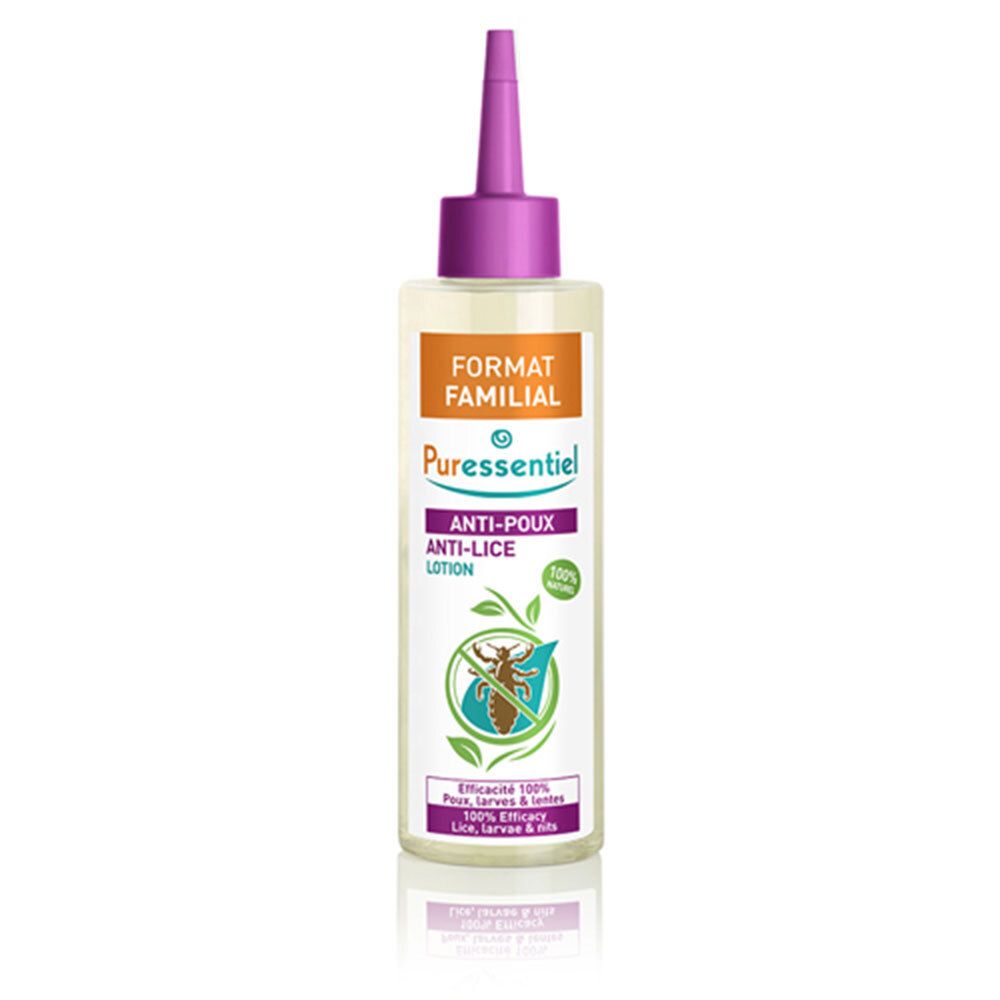Lotion Anti-Poux, flacon à embout violet. Format Familial. Logo Puressentiel. Texte: Anti-Poux, Lotion Traitante. 100% naturel.