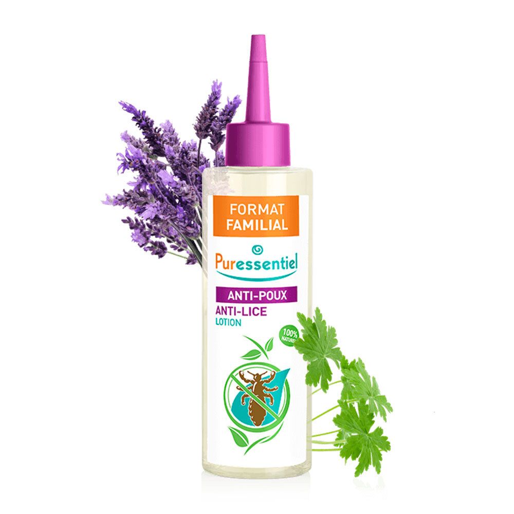 Lotion Anti-Poux, flacon à embout violet. Format Familial. Lavande et feuilles. Logo Puressentiel. Texte: Anti-Poux, Lotion Traitante.