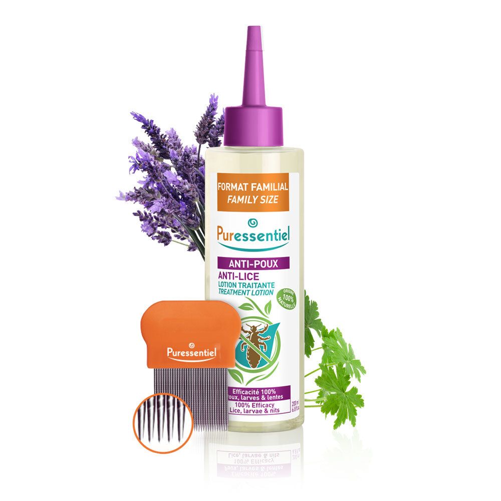 Lotion Anti-Poux, flacon à embout violet. Format Familial. Lavande, feuilles et peigne. Logo Puressentiel. Texte: Anti-Poux, Lotion Traitante.