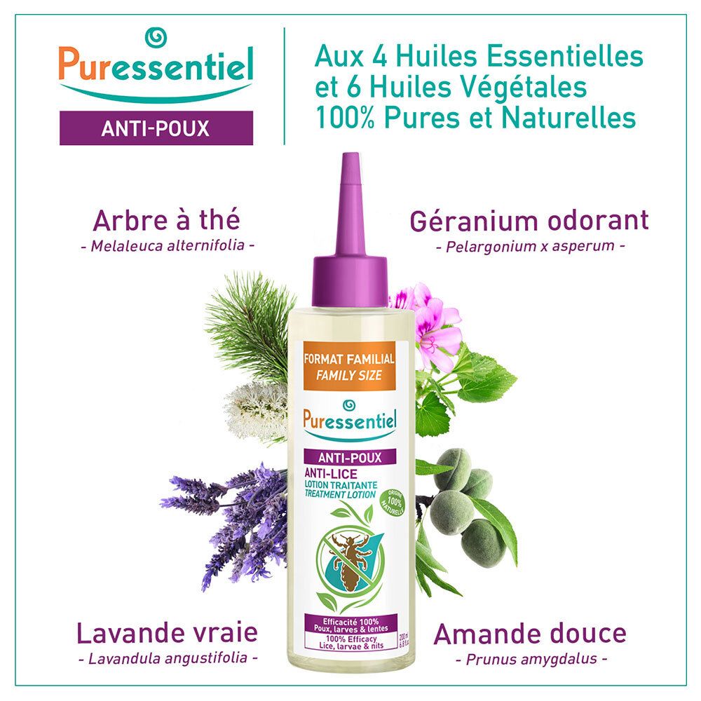Lotion Anti-Poux, flacon à embout violet. Format Familial. Herbes et fruits. Logo Puressentiel. Texte: Anti-Poux, Lotion Traitante.