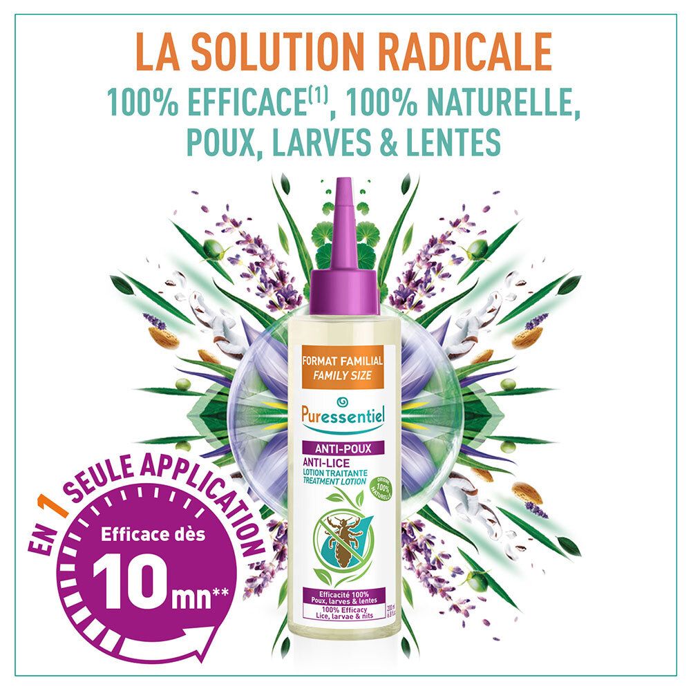 Lotion Anti-Poux, flacon à embout violet. Format Familial. Logo Puressentiel. Texte: Anti-Poux, Lotion Traitante. 100% efficace.