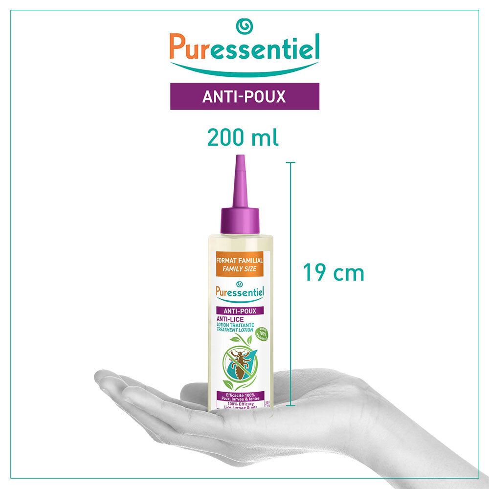 Lotion Anti-Poux, flacon à embout violet. Format Familial. Logo Puressentiel. Texte: Anti-Poux, Lotion Traitante. 200 ml, 19 cm.