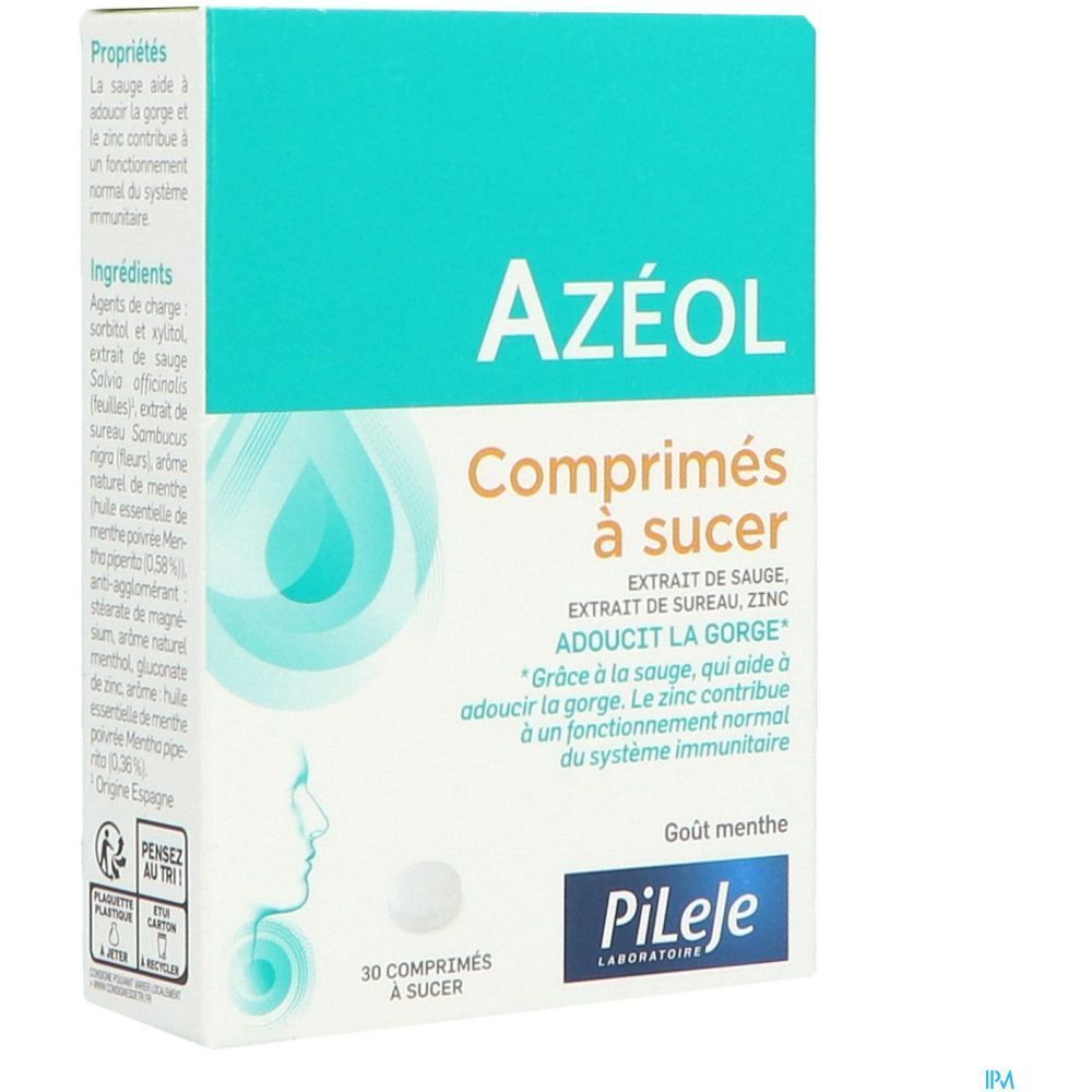 Boîte Azéol Comprimé à Sucer. 30 comprimés. Goût menthe. Ingrédients. Marque PiLeJe.